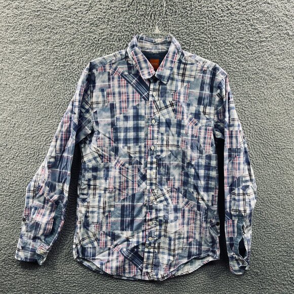 Hugo Boss Orange Label Mens Shirt Large Blue Plaid Button Front Long Sleeve - Picture 1 of 9